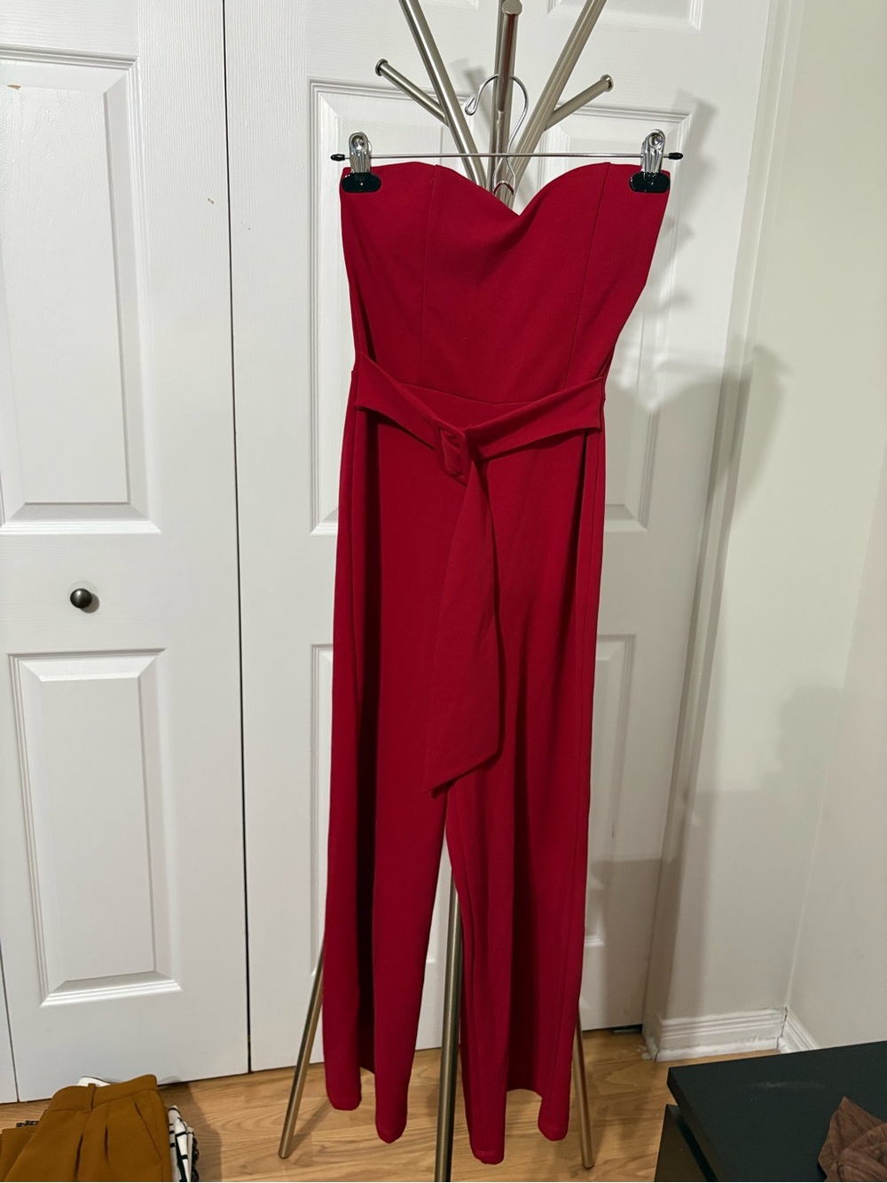 Revamped Strapless Red Belted Jumpsuit